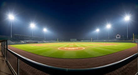 Empty Baseball Diamond Illuminated by Stadium Lights at Night.
