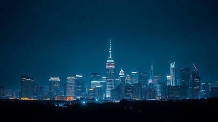 City skyline at night with sparkling lights, captured in deep blue tones with long exposure.