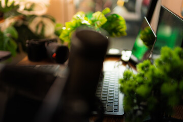 Modern desk setup background featuring computer, plants, and cozy warm lighting. Perfect for creative workspace, home office, desktour inspiration, and technology-themed projects.