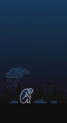 Obraz premium A figure hunches over, encompassed by a dark cityscape and ominous rain, evoking a feeling of sadness and loneliness.