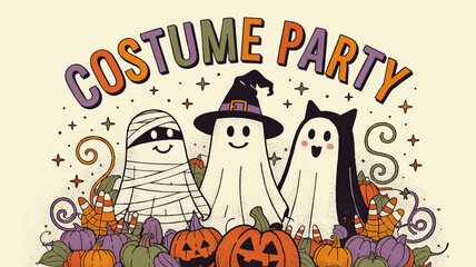 Cute Halloween Costume Party Illustration with Ghosts, Mummy, Pumpkins, and Candy in Festive Hand-drawn Cartoon Style