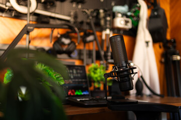 Modern desk setup background featuring computer, plants, and cozy warm lighting. Perfect for creative workspace, home office, desktour inspiration, and technology-themed projects.