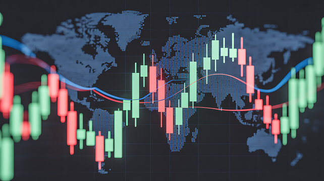 Global financial markets displayed on world map with candlestick stock charts and trading data