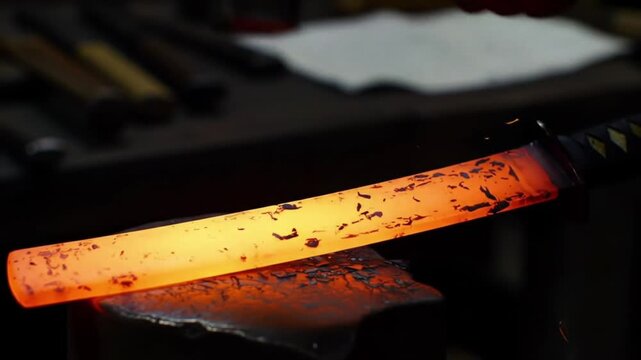 blacksmith hammers red hot steel blade forging sword