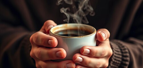 Close-up of hands cradling a warm, steaming coffee mug, beverage, comforting