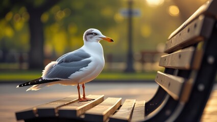 A serene seagull perched gracefully on a park bench bathed in soft morning light.