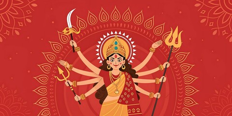 Goddess durga with multiple arms holding weapons in a vibrant red background