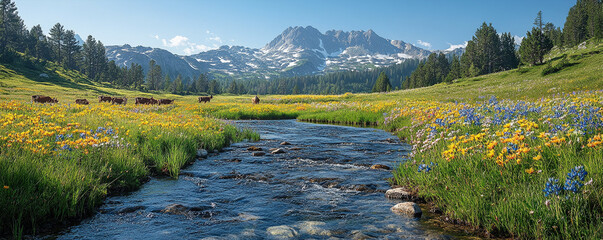 Wildflower Meadow and Mountain Stream Landscape