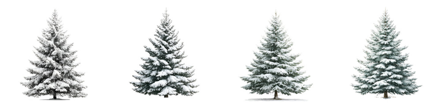 Snow Covered Christmas Trees Set on White Background