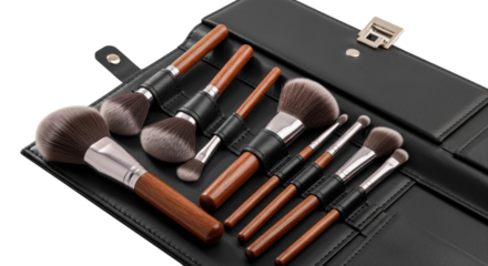 Professional makeup brush set in a black leather case
