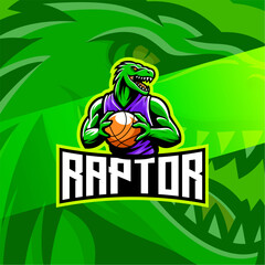 Raptor basketball mascot logo with green reptile character holding ball. Esport mascot logo featuring a green reptile humanoid holding basketball with modern bold typography. 