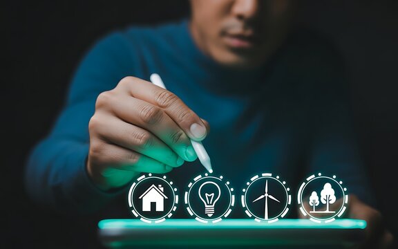 A man uses a smart tablet and digital pen to choose sustainable energy solutions, interacting with glowing icons for home efficiency, wind power, and environmental conservation