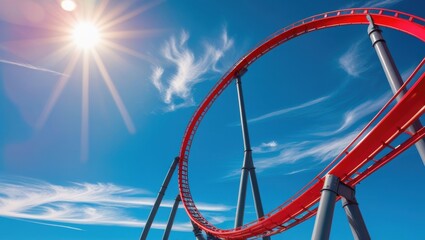 A vibrant red roller coaster track curves against a brilliant blue sky filled with wispy clouds, highlighting the thrill of amusement park fun under a bright sun.