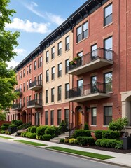 Naklejka premium A row of charming brick townhouses lines a city street, adorned with well-maintained landscaping and attractive architectural details.