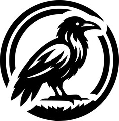 Obraz premium Minimalist black and white vector icon of a crow with clean lines, modern style, isolated on white background.
