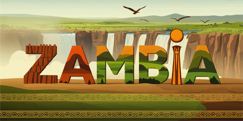 Zambia Vector Illustration with Victoria Falls, African Nature, Landscape, and Cultural Patterns for Travel and Tourism Design