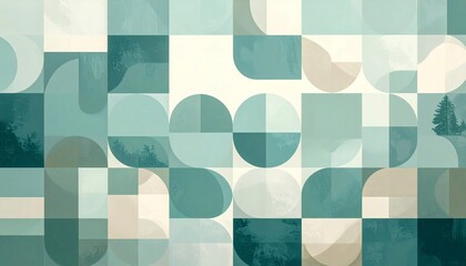 Serene Teal Geometric Abstract:  Subtle Nature Integration in Mid-Century Modern Style