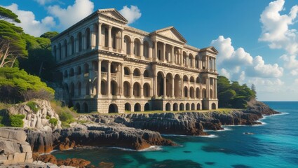 Fototapeta premium A grand, abandoned edifice stands overlooking a turquoise sea, nestled amongst lush greenery and dramatic coastal cliffs.
