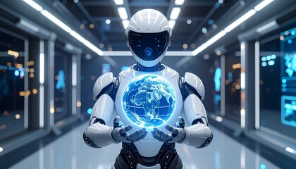 A futuristic robot holding a glowing holographic representation of Earth, inside a modern, technological environment.
