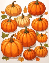 A charming arrangement of various pumpkins, rendered in warm autumnal hues, are surrounded by autumn leaves, creating a festive and inviting visual.