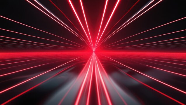 A vibrant, futuristic tunnel radiates with intense red neon lines converging towards a central point, creating a dynamic and captivating visual effect.