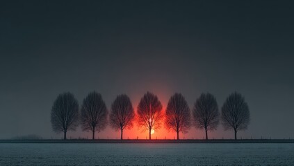 Silhouetted trees line a snowy field at sunset, a fiery orb centered between them