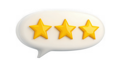 Three golden star rating inside a 3d white speech bubble for customer feedback and satisfaction transparent background