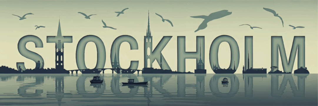 Stockholm City Skyline Illustration with Landmarks, Silhouette Letters, Boats, Birds, and Whale, Reflected in Water, Scandinavian Art