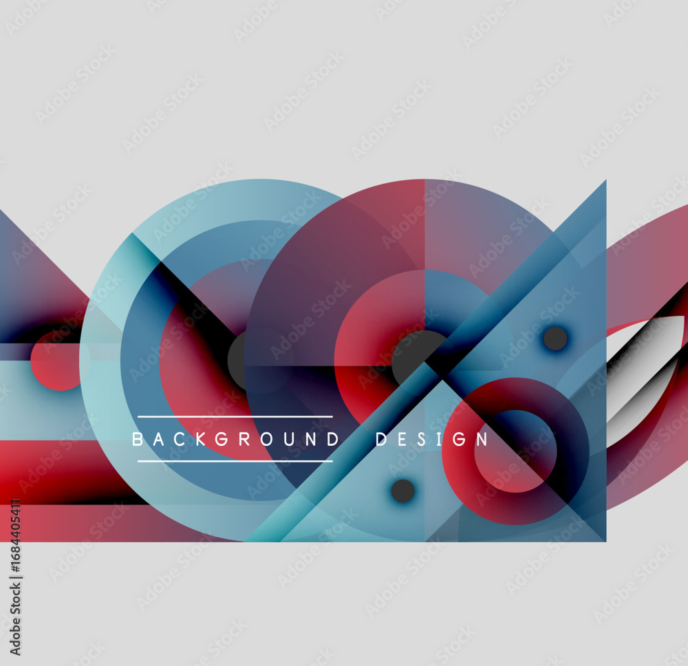 Poster abstract geometric composition. overlapping circles, triangles create dynamic visual effect. red, bl