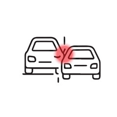 Vector minimalist illustration of two cars crashing, created in black and white with bold black outlines, perfect for traffic symbols, icons, and safety graphics.