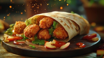 A delicious wrap filled with grilled chicken, vegetables, and herbs, served on a wooden plate.