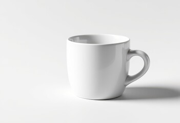 A simple, clean white ceramic mug sits on a plain white background, highlighting its smooth surface and simple design.