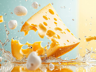 Dynamic Swiss Cheese Splash: Yellow Cheese Block Suspended in Water