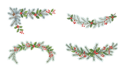 Christmas Garlands with Holly and Pine Branches on Transparent Background