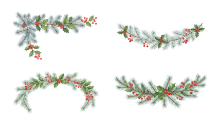 Christmas Garlands with Holly and Pine Branches on Transparent Background