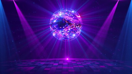 Purple Stage Festive Disco Ball disco ball mirror surface bright rays hanging ceiling, night party background dance floor under stage lights, creating energy celebration music party show entertainment - Powered by Adobe