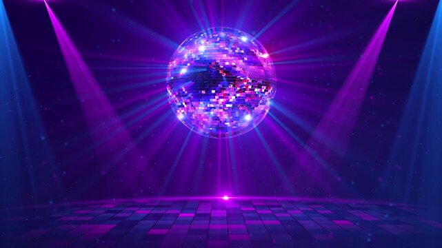 Purple Stage Festive Disco Ball disco ball mirror surface bright rays hanging ceiling, night party background dance floor under stage lights, creating energy celebration music party show entertainment