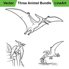 Three Pterodactyl Illustrations in a Bold Prehistoric Line Art Style © GraphicPro