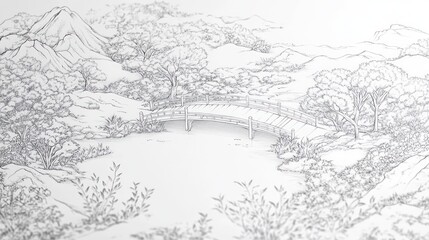 Fototapeta premium Asian Landscape Sketch, Pencil Drawing, Mountain Bridge, Peaceful Scene, Stock Photo
