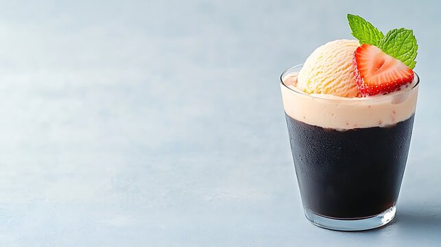 Refreshing coffee float with strawberry and mint garnish
