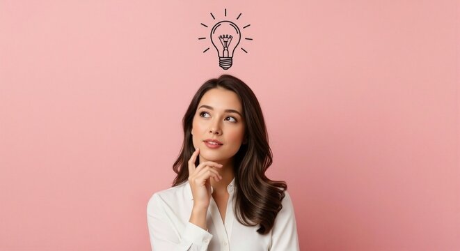 Portrait of a pensive young woman experiencing a sudden moment of inspiration, with an illustrated lightbulb icon representing the subtle bloom of a creative new idea - Powered by Adobe