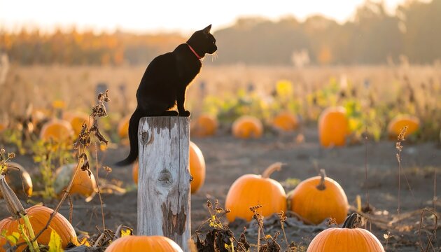 Black cat on pumpkin patch stump at sunset