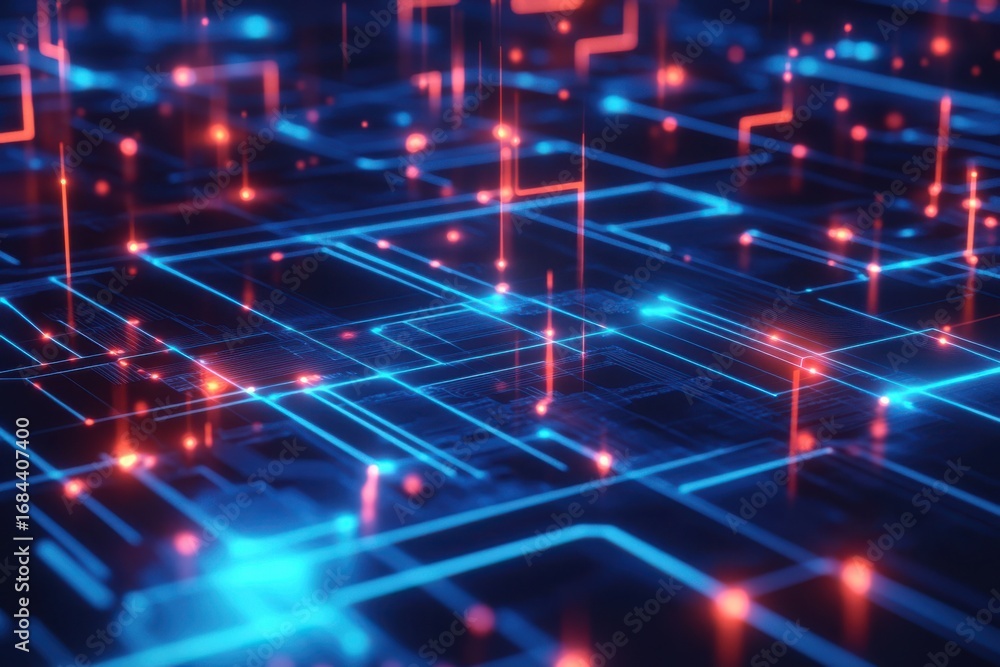 Aufkleber futuristic circuit board with red and blue illumination illustrating digital data flow and advanced 