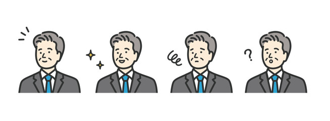 ミドル　シニア　ビジネスマン　表情アイコンイラストセット素材
