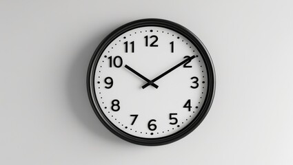 A black framed wall clock with a white face and easily readable numerals is displayed against a plain, neutral backdrop.