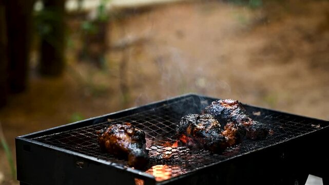 Slow-motion shot of burnt chicken drumsticks cooking over a low flame on a BBQ grill. The sizzling charred meat highlights rustic outdoor barbecue, careful roasting, and reviving overcooked food.