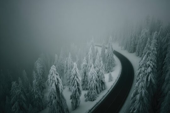 Winding snow-covered road through a foggy forest