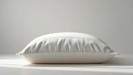 A pristine white pillow, subtly textured, is presented in a simple, elegant  setting.
