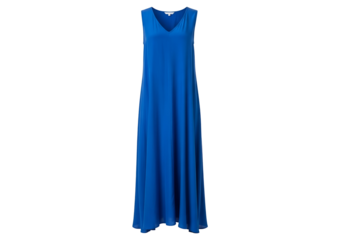 A vivid cobalt blue sleeveless maxi dress with a simple v-neckline stands out against a striking black background.