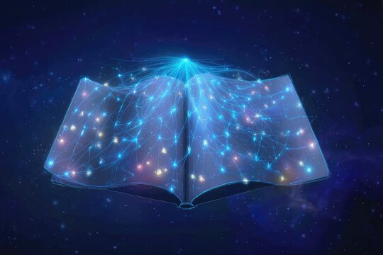 Glowing, open book in space; cosmic knowledge